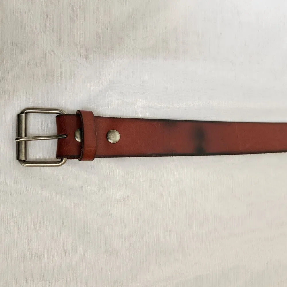 Men's Genuine Leather Belt Size S-32 Reddish Brown Black Edging Silver Buckle